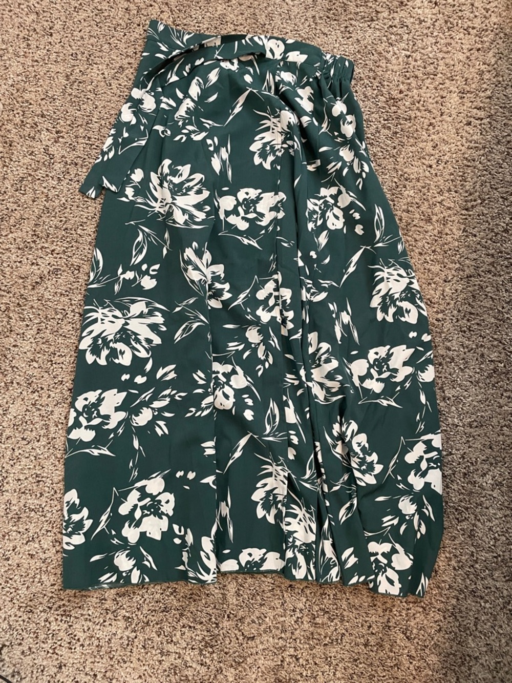 Green Floral Midi Skirt with White Bloom Print
